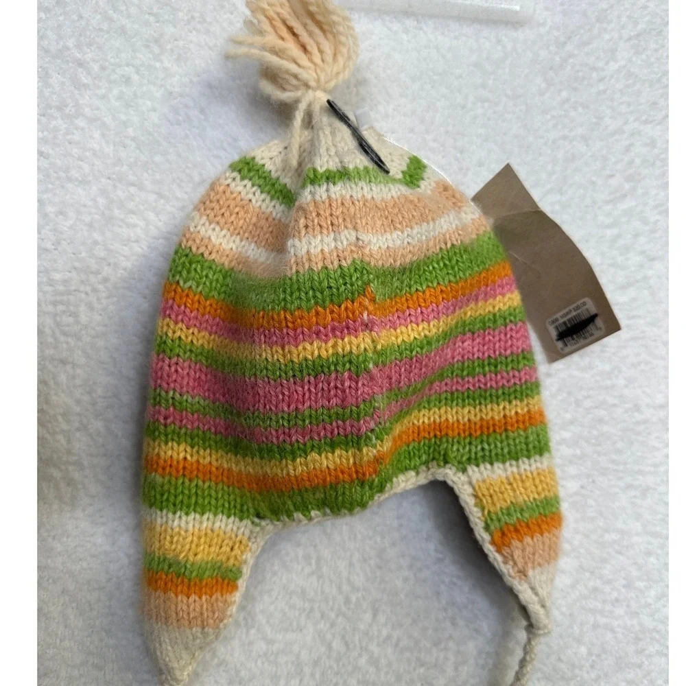 Artesania Alpaca Wool Hat Multicolor Stripes Pom Ear‎ Flaps Handmade Kids-New